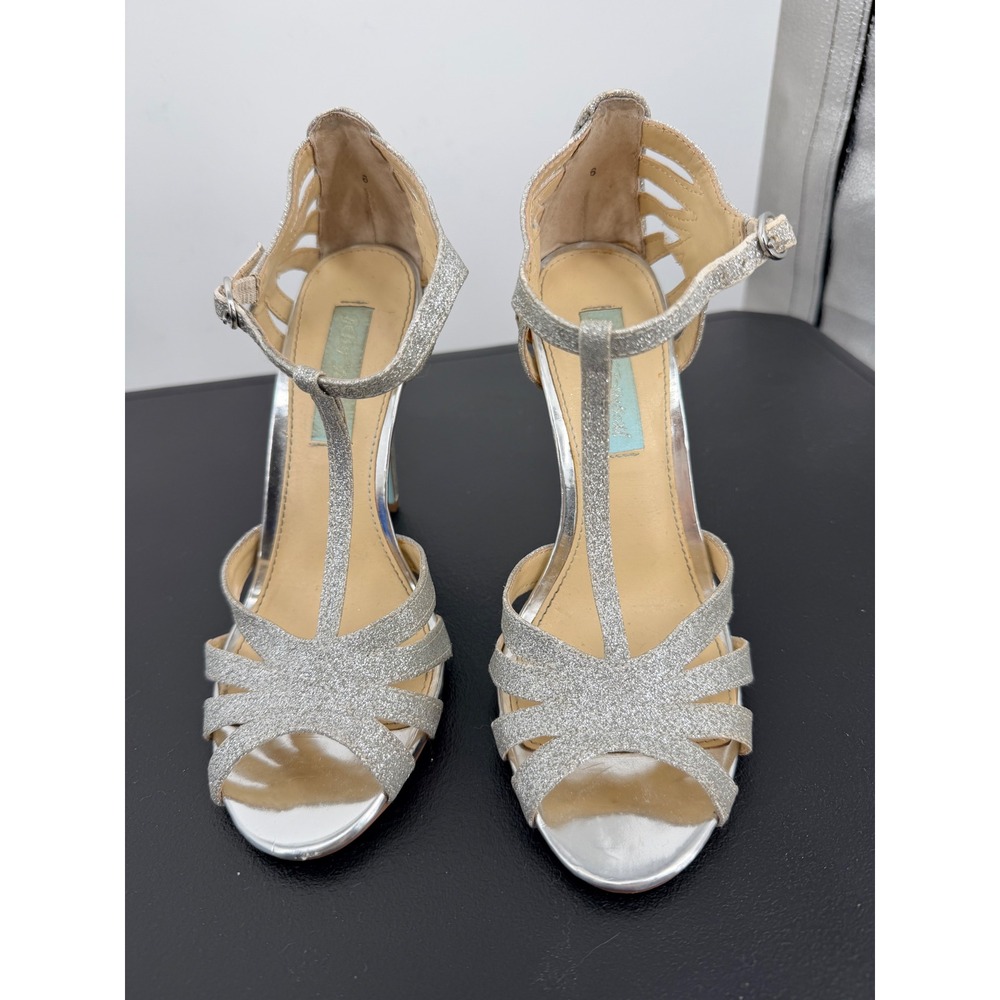 Betsey Johnson Blue Heels 6 Silver Good Glitter T-Strap Stiletto Glam Sparkle